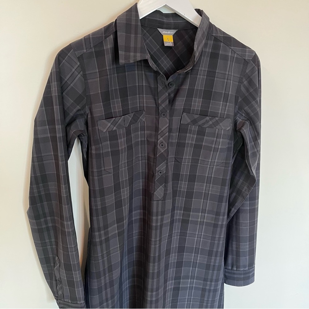 EDDIE BAUER Button Front Stretch Black Plaid Shirt Dress w/ Belt Women's Size S